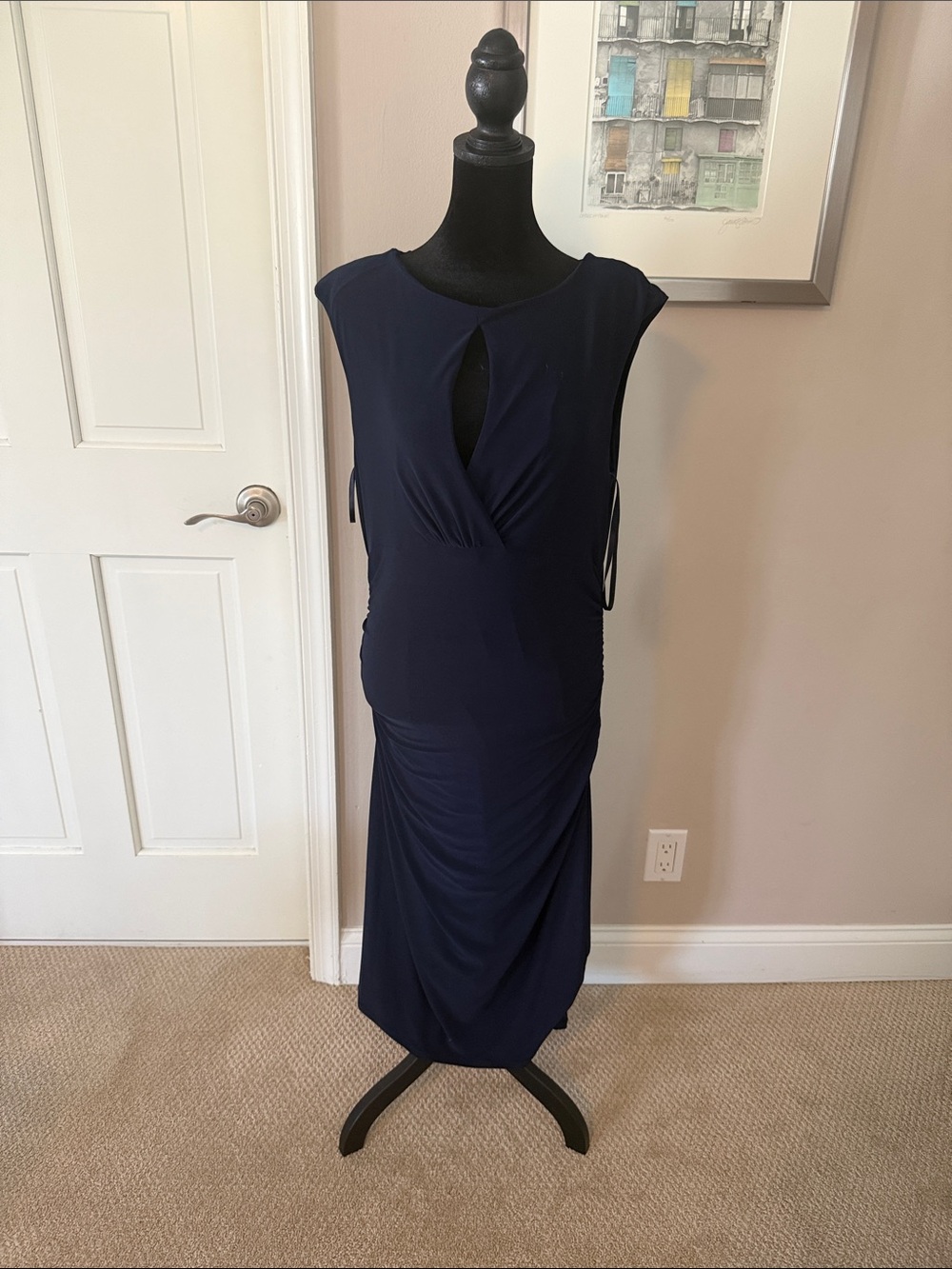 Ralph Lauren Navy Keyhole Ruched Midi Dress